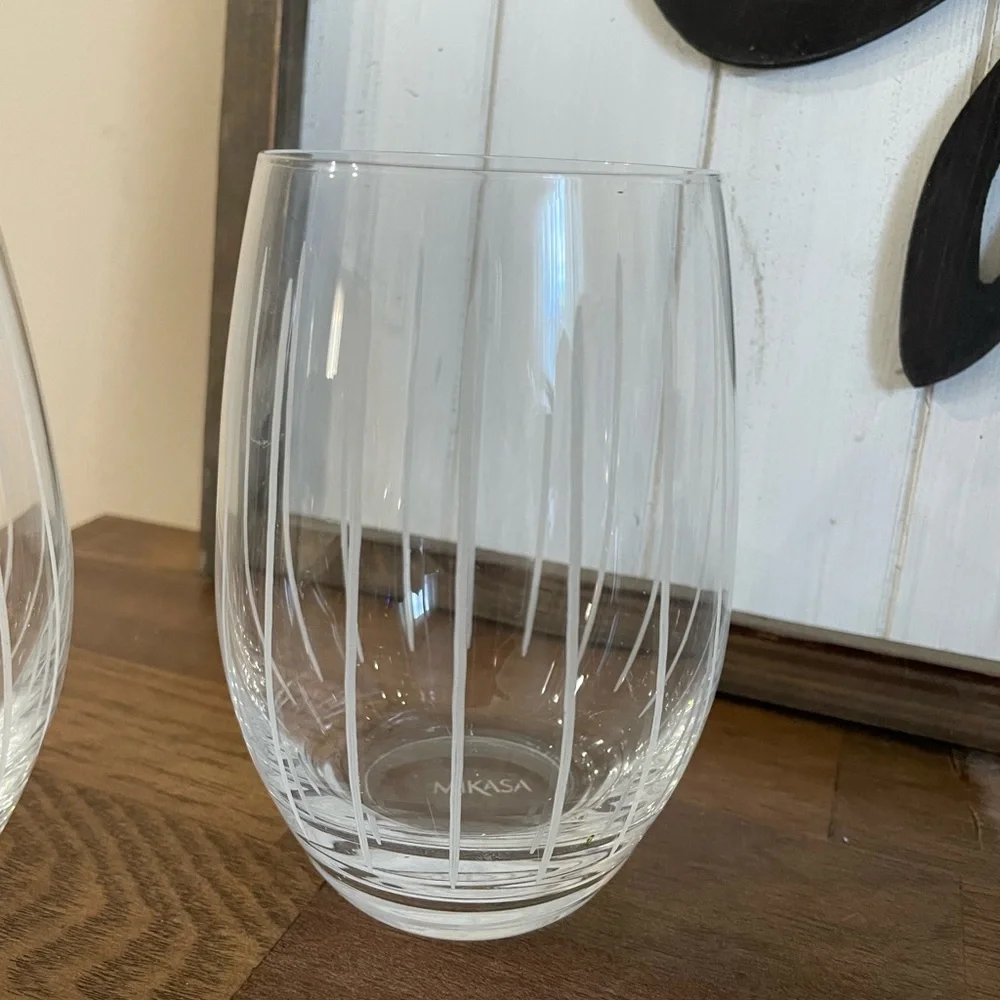 Mikasa Crystal Cheers Stemless Wine Glasses with Etched Stripes- Set of 2